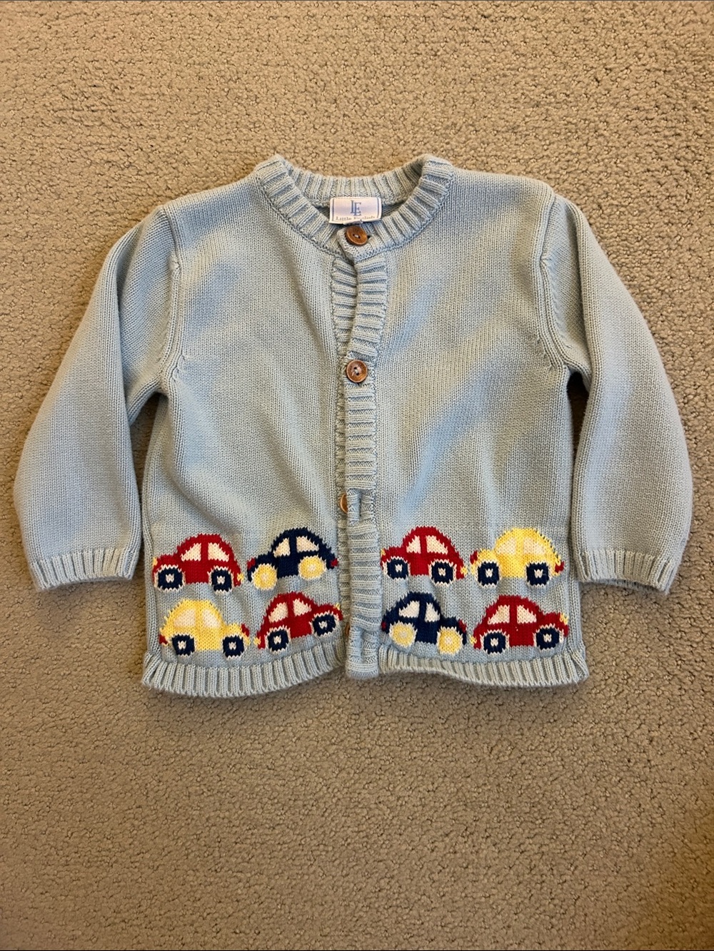 Little English Light Blue Cardigan with Red, Yellow & Navy Cars
